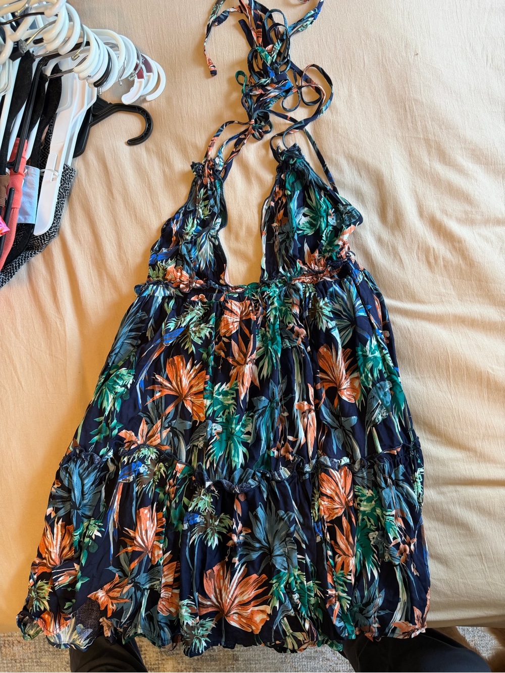 Navy Tropical Halter Mini Dress with Green & Orange Floral Print